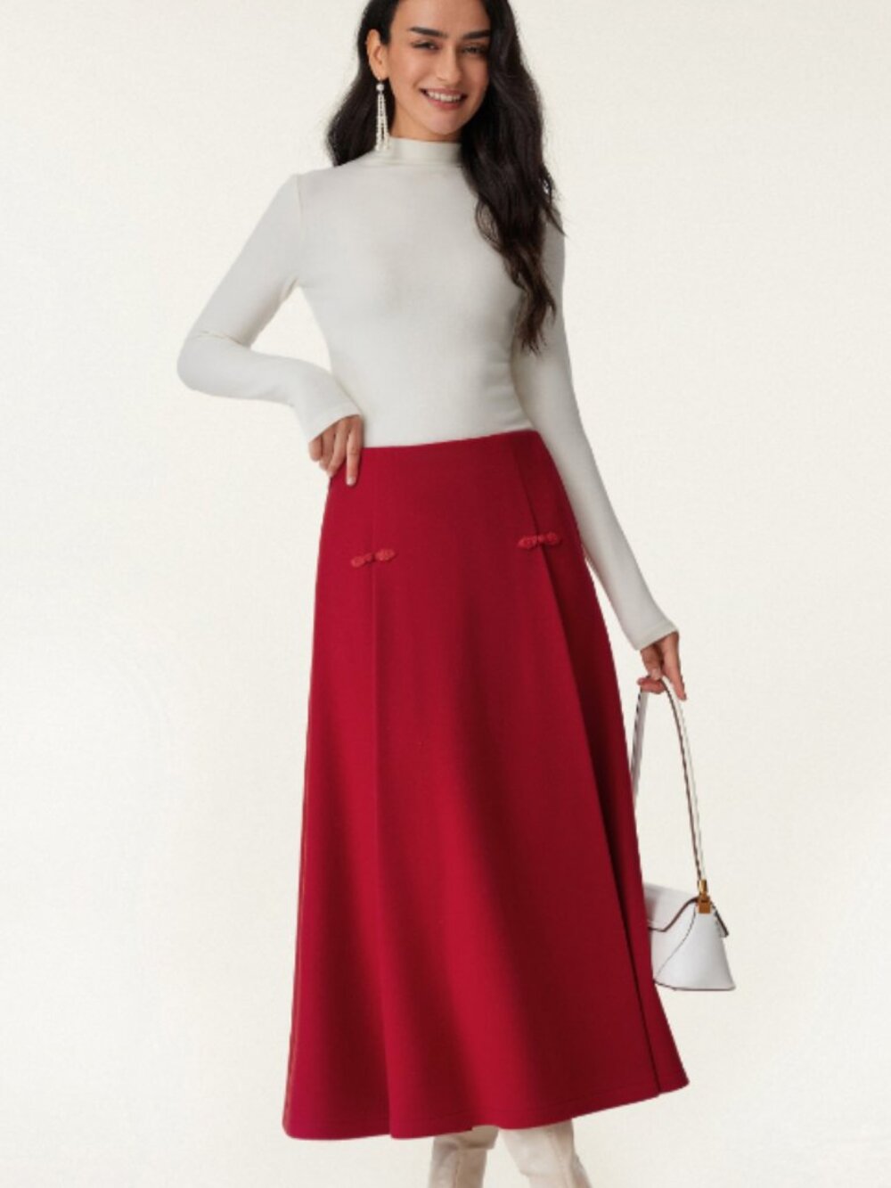 OGL Wool-like Frog Button A-Line Midi Skirt Limited Edition